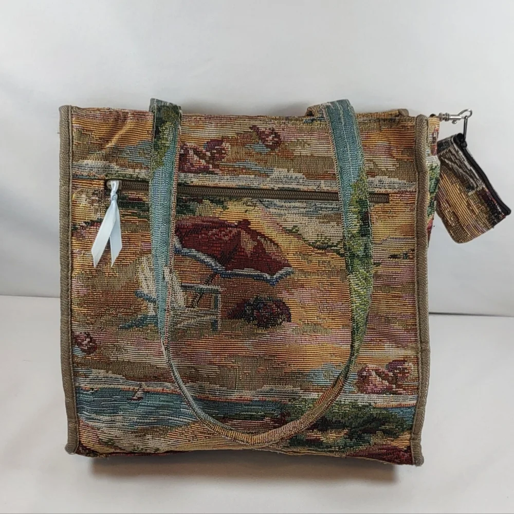 Jade Vintage Multicolor Coastal Beach Scene Tapestry Tote E/ Coin Purse